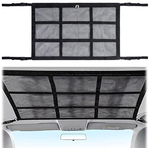 Rainway Rete per bagagli auto, 78 x 53 cm, universale, per interni, tettuccio auto, a doppio strato, con chiusura lampo, rete per quattro braccioli