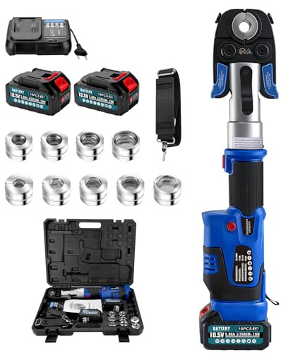 Juego de herramienta de prensado de tubos con batería de 18V con contorno V y contorno TH, prensa eléctrica para tubos de cobre incl. V15-18-22-28 y TH16-20-26-32, 2 baterías de 5 Ah y cargador rápido
