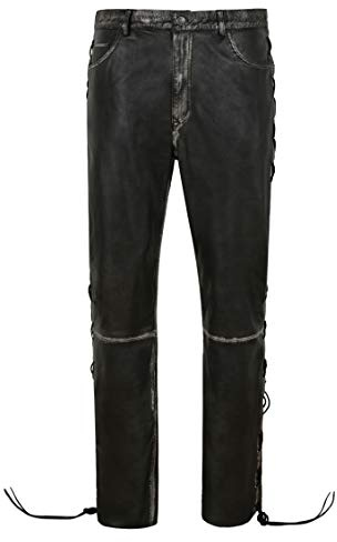 Men's Biker Laced Vintage Leather Trousers 100% Lambskin Riding Pants 00126 (Waist 40, Black Vintage)