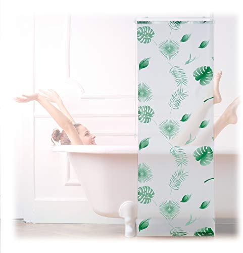 Relaxdays Cortina Enrollable Ducha Hojas, Estor Baño Repelente Agua, Sujeción Techo/Ventana, 60x240cm, Blanco/Verde