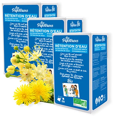 LES PAPOTEUSES | Infusion bio retention d'eau grâce au thé vert, pissenlit, tilleul et romarin | 60 infusettes | Coffret infusion de 3 boîtes de 20 sachets | Certifié biologique