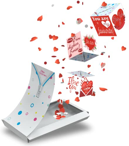 Boemby Explosionsbox Geburtstag - Uberraschungs Geschenkbox - Pop Up Überraschung Grußkarte Geschenk - Explodierende Konfetti Geschenkbox - Lustige Geburtstagskarte - BOOM Box - (Liebe - TRIO!)