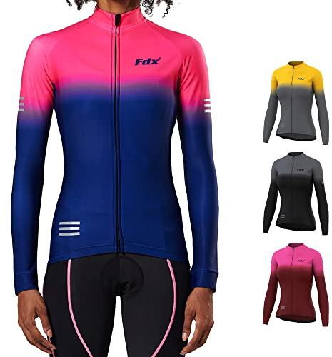 FDX Women’s Thermal Cycling Jersey Long Sleeve Italian Roubaix Winter Bike Jacket, Windproof Water Resistant Cycling Top, Breathable Full Zip High Visibility Bicycle Shirt with Pockets(Navy/Blu -XL)