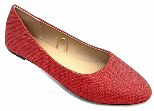 Shoes8teen Women's Ballerina Ballet Flat Shoes Solids & Leopards 8600 Red Glitter 11