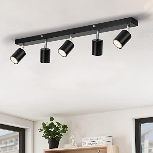 Gr4tec LED Ceiling Light 5 Way, Black Kitchen Ceiling Lights Including 5 x 6W GU10 Bulbs Natural White 4000K, Rotatable Spotlights Bar, Modern Spot Light Fitting for Living Room Bedroom Hallway