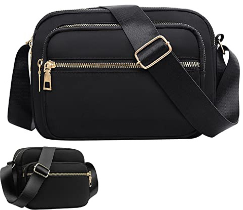 KEYRI Women Crossbody Bag with 3 Zip Compartments Shoulder Handbag with Adjustable Wide Strap Multipurpose Zipper Nylon Waterproof Cross Body Phone Bag for Ladies Girls Casual Travel Purse (Black)