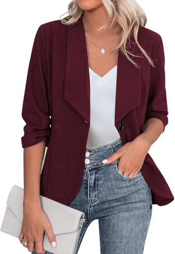 Zeagoo Blazer Elegante, Chaqueta de Mujer de Manga 3/4 para Negocios, Corte Ajustado, con Solapa, Blazer Casual, Trabajo, Tallas S-3XL, borgoña, L