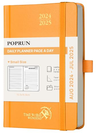 POPRUN Kalender 2024 2025 Tagesplaner 16 x 10,5 cm, Tageskalender A6 1 Tag 1 Seite (Montag - Sonntag), Terminplaner (Aug.2024-Jul.2025) mit Hardcover, Stiftschlaufe - Orange
