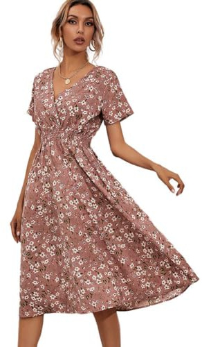 XIVISTO Robe Casual Fleurie Femme Ete Col en V Sexy Boheme Manches Courtes Elegant Mi-Longue Tunique Swing Robe Vintage Dress Vacances Plage