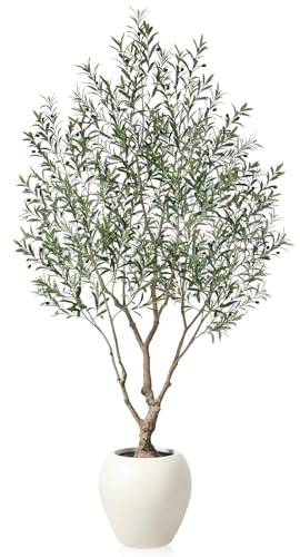 SOGUYI Árbol Artificial de Olivo, 240 cm de Altura, Árbol Artificial de Olivo con Maceta Redonda Artesanal, Trunk Realista & Hojas Vivas, Decoración Elegante para Espacios Grandes y Hogar/Oficina