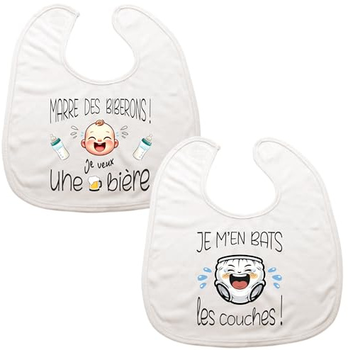 [13] Grands Bavoirs Bébé Humoristiques, Lot de 2, Cadeau Naissance Original, Motifs Marre des Biberons ( Marre du Lait) Papa,Parrain,Marraine,Bapteme (Je M’en Bats les couches et Marre des Biberons)