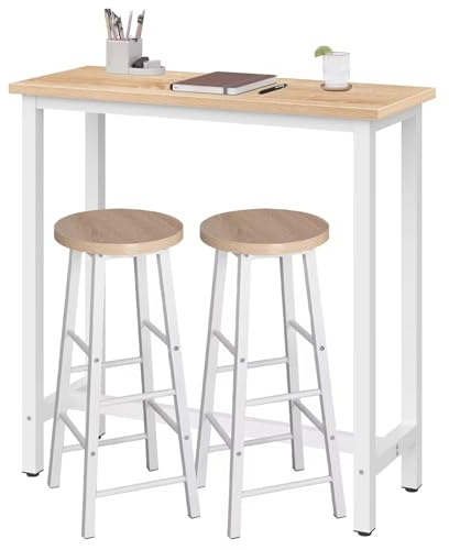 WOLTU Mesa Alta de Barra Cocina, Mesa Bar con 2 Taburetes de Bar, Juego de Comedor para Bar, Comedor, Isla Cocina, Taburetes Redondos, Estructura de Metal, Diseño Industrial, Roble Claro