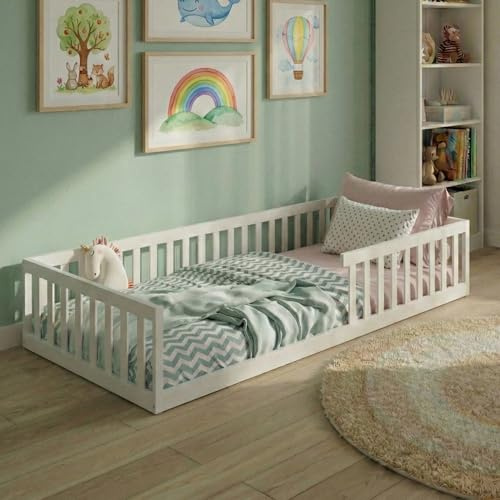 Kids Collective Lit de Sol 90 x 200 cm avec Protection Anti-Chute et sommier à Lattes - Lit Simple Montessori pour Enfant et Adolescent - Structure de lit sommier Inclus - Blanc