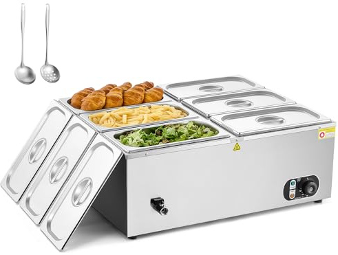 Wilprep Chafing Dish Elektrisch 36L Profi Gastro Speisewärmer Buffetwärmer Warmhaltebehälter 6 X 1/3 GN-Behälter Bain Marie mit Ablaufhahn & Deckel, 1500W 30-85°C Edelstahl für Buffets, Hotels