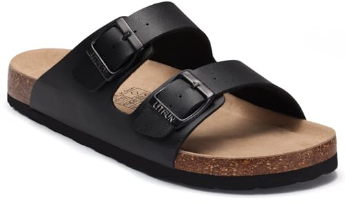 Litfun Women's Cork Footbed Sandal Summer Slip On Slide Sandals with Adjustable Buckle, Black 39