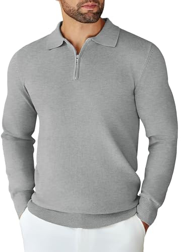 COOFANDY Men's Quarter Zip Jumper Knitted Pullover Long Sleeve Slim Fit Zip Neck Sweater Casual Business Everyday Wear Light Gray M