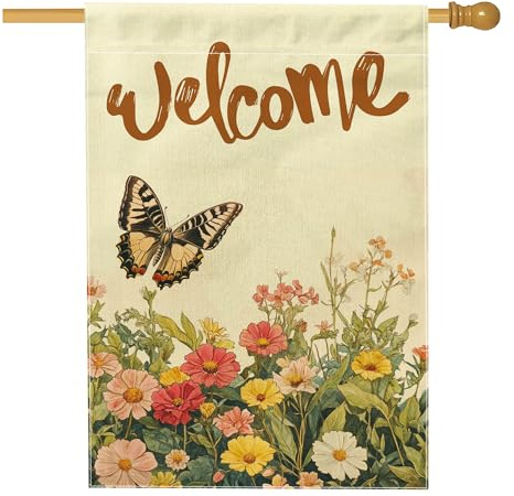 Bandera de casa de mariposas de otoño de acuarela de 28 x 40 pulgadas para exteriores, bandera vertical estándar de lino para el hogar, bandera vintage con patrón de patio trasero, decoración al aire