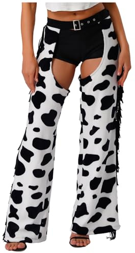 Eandarui Womens Cowboy Chaps Cow Print Trousers Costume Halloween 60s 70s Outfit Hippie Western Cosplay Outfits Black White S