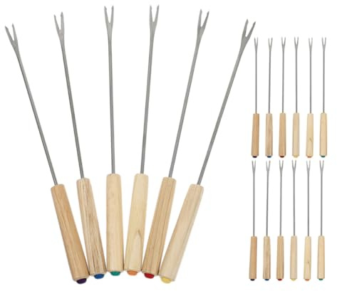 Healeved Set 18 Forchette per Fonduta in Acciaio Inossidabile con Manico in Legno Naturale, Spiedini per Formaggio e Dessert, Accessori Leggeri per Picnic, Campeggio e Feste in Cucina