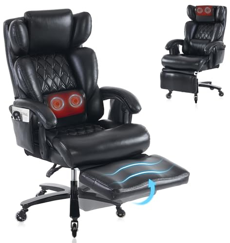 DEKKETO Chaise de Bureau Ergonomique Massante - Fauteuil de Direction Chauffant en Cuir avec Repose-Pieds, Dossier Inclinable 160°, 3 Coussins Amovibles & Poches de Rangement, Charge 225kg, Noir
