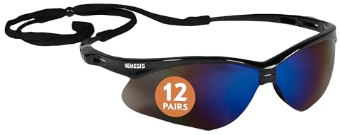 KleenGuard™ V30 Nemesis™ Safety Glasses (14481), Blue Lenses with Mirror coating, Black Frame, Unisex Eyewear for Men and Women (12 Pairs/Case)