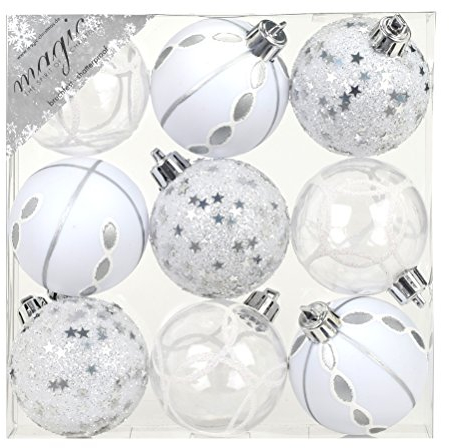 Magic 9 STK. PVC Christbaumkugeln 6cm (Silber/weiß) // Ornament Dekor Kunststoff bruchfest Dekokugeln Weihnachtskugeln Baumkugeln Baumschmuck Set Christbaumschmuck Weihnachtsschmuck 60mm