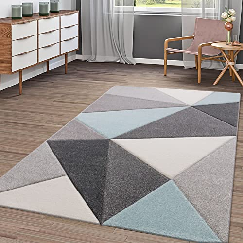 Modern Kurzflor Teppich Wohnzimmer Konturenschnitt Dreieck Design Pastell Türkis, Größe:160x230 cm