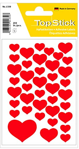 TopStick 1339, adesivi autoadesivi con motivo a cuore (carta opaca), etichette decorative per matrimoni, regali, compleanni, lettere, amore, scrapbooking, decorazioni, rosso, 200 adesivi