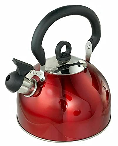 DWD ® Whistling Stainless Steel 2.5 Litre Travelling Kettle I Folding Handle I Flip & Pour Spout Cap I Camping Fishing Caravan Holiday Home I Retro Classic Lightweight (Metallic Red)