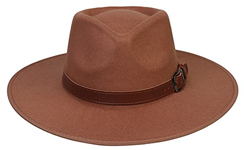 JK Home Wide Brim Fedora-hatt - Panama-keps i ullfilt - One Size Unisex Kvinnor Män - Svart Flätat Läderband, Brunt läderband, one size
