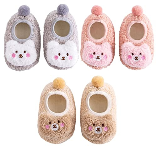 FedMois 3 Pairs Baby Boys Girls Non-Skid Indoor Fuzzy Slipper Shoes Socks Winter Warm, Pink, Grey and Beige, 0-6 Months