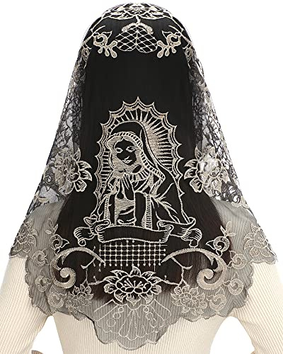 Bozidol Triangle Spanish Catholic Chapel Veil Traditional Church Mass Mantilla Head Covering Prayer Lace Scarf (Black-Gold)