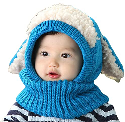 Warm Mütze und Schal Set für Jungen Mädchen 3-6 Jahre, Baby Beanie Mütze Stricken Wintermütze Warm Niedlich Hund Schlupfmütze Kinder Schalmütze Fleecefutter Strickmütze Thermische Kapuzenschal,Blau