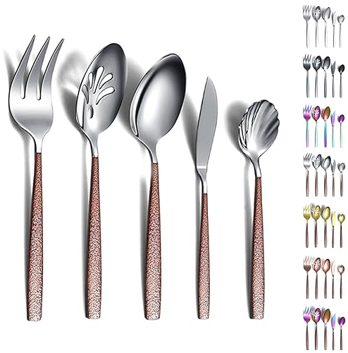 Evanda 5 Pieces Cutlery Serving Set, Stainless Steel Flatware Serving Set, Brown Handle and Shiny Silver Head, Serving Spoon, Slotted Spoon, Serving Fork, Sugar Spoon, Butter Spreader