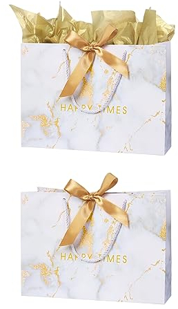 2 Stück 32× 22× 11cm Geschenktüten Papiertüten mit Schleifenbändern, Groß Geschenktaschen mit Henkel Geburtstag Papiertüten für Geburtstag, Hochzeit, Brautparty(weiß)