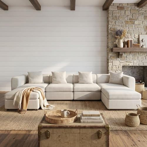 Miuuod 6 Seaters L/U Shape Oversized Sectional Sofa for Living Room,4 Seats with 2 Ottomans Extra Large Couch，Queen Sofa Bed,Deep Seat