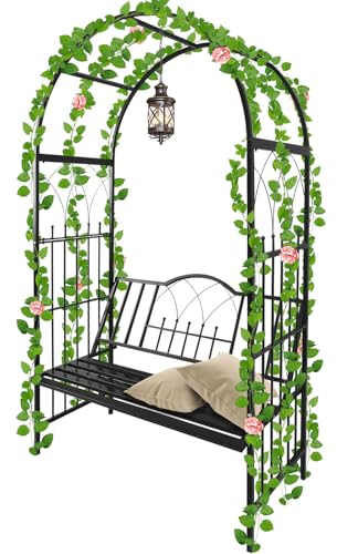 Kalolary Tonnelle Jardin Robuste en Métal avec Banc, Siège pour Plante Grimpante et Support d'Escalade pour Vignes et Fleur, Pavillon Arc de Jardin pour Extérieur