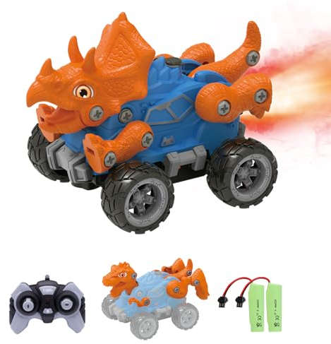 iBlivers Ferngesteuertes Auto, Gebäude Ferngesteuertes Dinosaurierauto, Monster Truck 2 Formen Dino Ersatz mit Sprühnebel Lichter, Bauen Sie EIN STEM Ferngesteuertes Monster Truck Spielzeug Geschenke