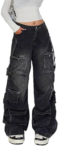 Lafaguw Pantalon Cargo pour Femme - Taille Basse - Baggy - Poche - Jambe Large - Décontracté - Tendance - Streetwear Grunge Emo, Noir 1, Taille XL