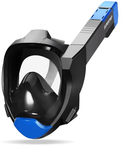Supertrip Schnorchelmaske Erwachsene, Kurzstrecken Schnorchel Schnelle Einatmung von Sauerstoff Tauchermaske, CO2 sichere Sportkameras Kompatible Vollgesichtsmaske (Black-Blue, L/XL)