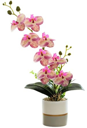 Genérico Orquídea Artificial Amarilla de Dos Puntas Realista Phalaenopsis de Silicona de Ocho Cabezas en Maceta Flor de Mariposa Blanca de Imitación(Rosa)