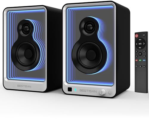 BESTISAN - 80 watt powered bookshelf speakers with light effects, active computer audio bluetooth speaker with ARC/optical/RCA input, sub output for PC/TV/player