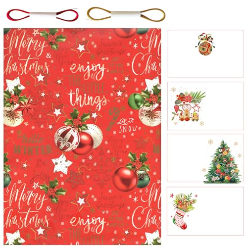 ARKRAFT Lot de 4 feuilles de papier cadeau Noël format 90 x 65 cm 4 cartes postales 2 ruban de 5 m (lot 18-9380)