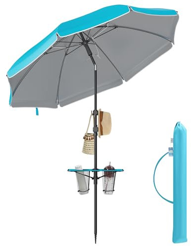 SONGMICS Parasol 200 cm, UPF 50+, Inclinaison de 30° des 2 Côtés, Hauteur Réglable, Petite Tablette, Crochets, Adapté pour Plage, Jardin, Sans Base, Bleu GPU0082Q01