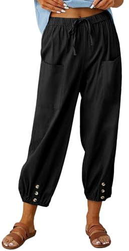 CrystErzoix Pantaloni Donna Estivi Leggeri Cotone Pantaloni a 7/8 Gamba Larga Casual Pantaloni Cropped Harem Pants Elastici in Vita per Spiaggia Vacanze