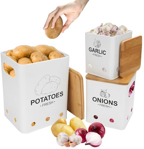 Aevcvok Lot de 3 Boite Pomme de Terre, Rangement Pomme de Terre Oignons Ail avec Couvercle en Bambou, Boîte de Conservation Pomme de Terre Oignons Ail Echalotte, Boite Rangement Cuisine, Blanc