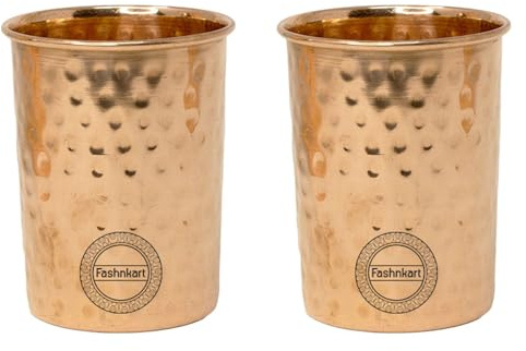 Fashnkart Verres en cuivre pur pour eau potable Santé ayurvédique Gobelets en cuivre pur 10,14 oz 300 ml Lot de 2 (Martelé)