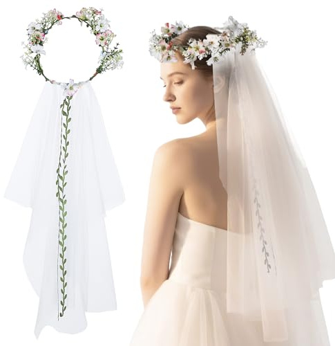 LIQWEI Velo de novia, corona de pelo, elegante lazo para el pelo, color blanco, para novia, velo de novia, corona de flores para festival para despedida de soltera, boda de ensueño, accesorios de boda