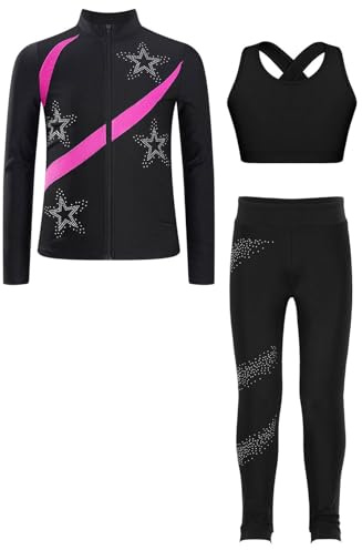 Oyolan Ensemble de Sport Fille Enfant Survêtement Veste Débardeur Legging Gym Tenue Gymnastique Patinage Danse Entraînement B Rose vif 11-12 ans