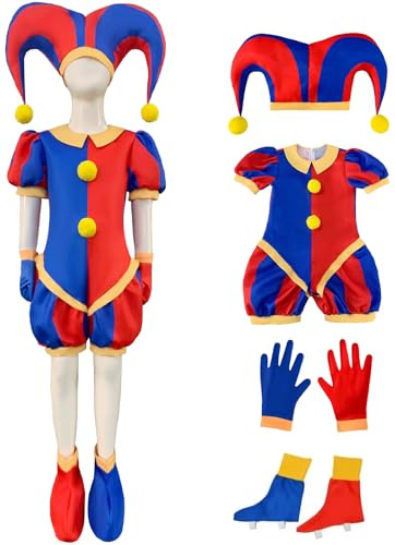 Kolegrial Pomni Costume Adulto Cosplay Circo Pomni Clown Stampato Jumpsuits e Cappello Guanti Copriscarpe Set per Carnevale Halloween Festa Compleanno Mascherata Teatro Performance Costume